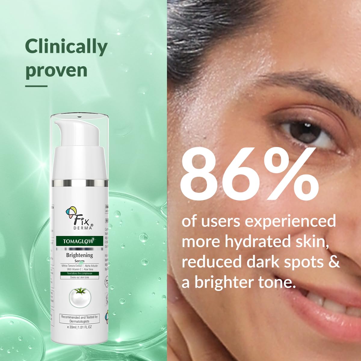Fixderma Tomaglow Skin Brightening Serum for Face with 4% Niacinamide, 2% Alpha Arbutin, Vitamin C & White Tomato Extract | Reduce Pigmentation & Dark Spots | Brightens the Skin For Men & Women - 30ML