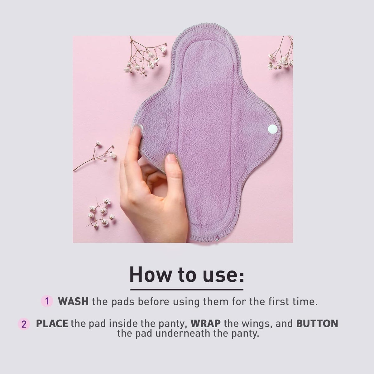Purple reusable pad with a hand holding it, on a pink background with text on how to use.