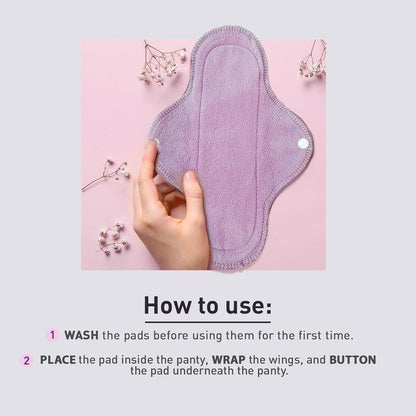 Purple reusable pad with a hand holding it, on a pink background with text on how to use.