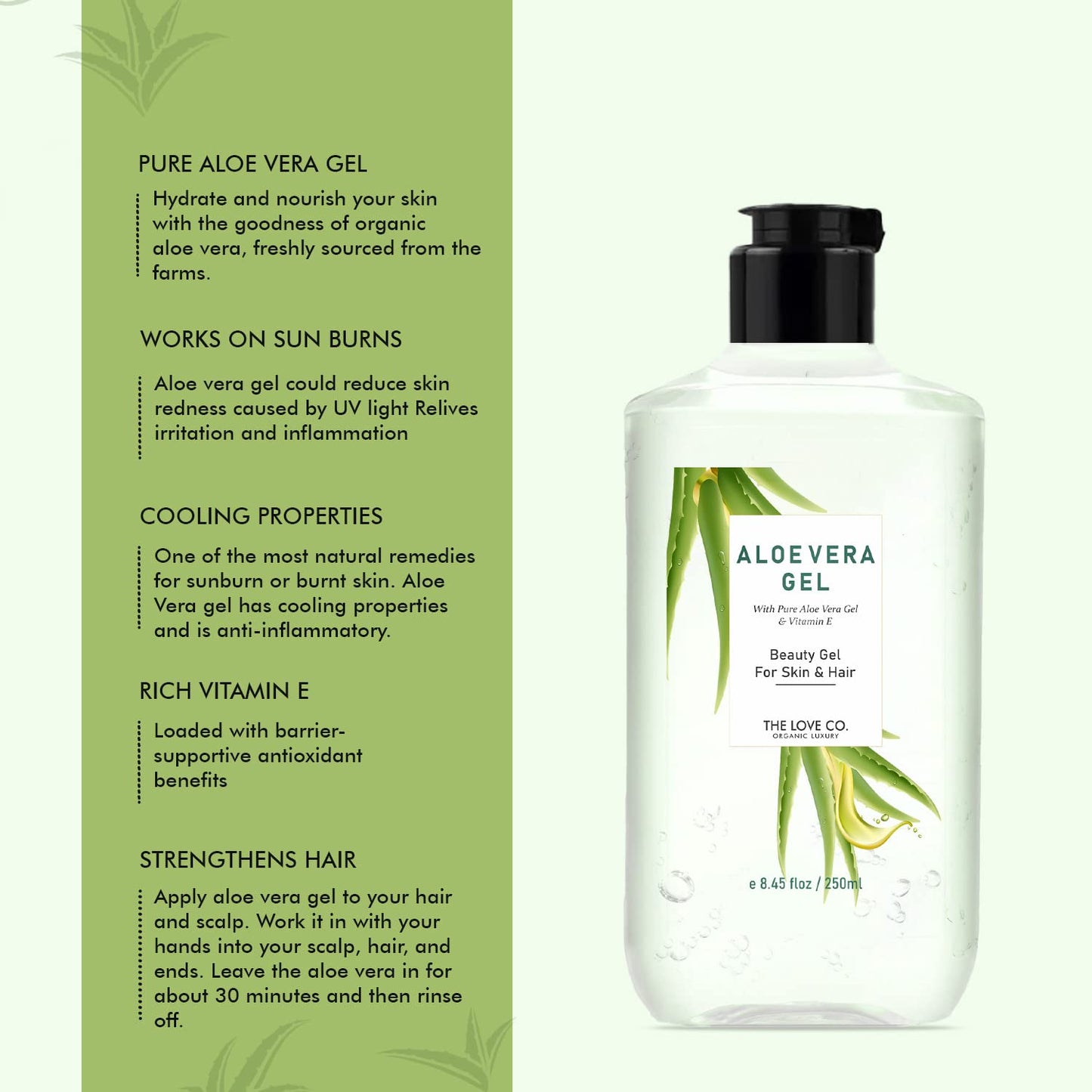 Aloe vera gel bottle with green leaf design on a white background