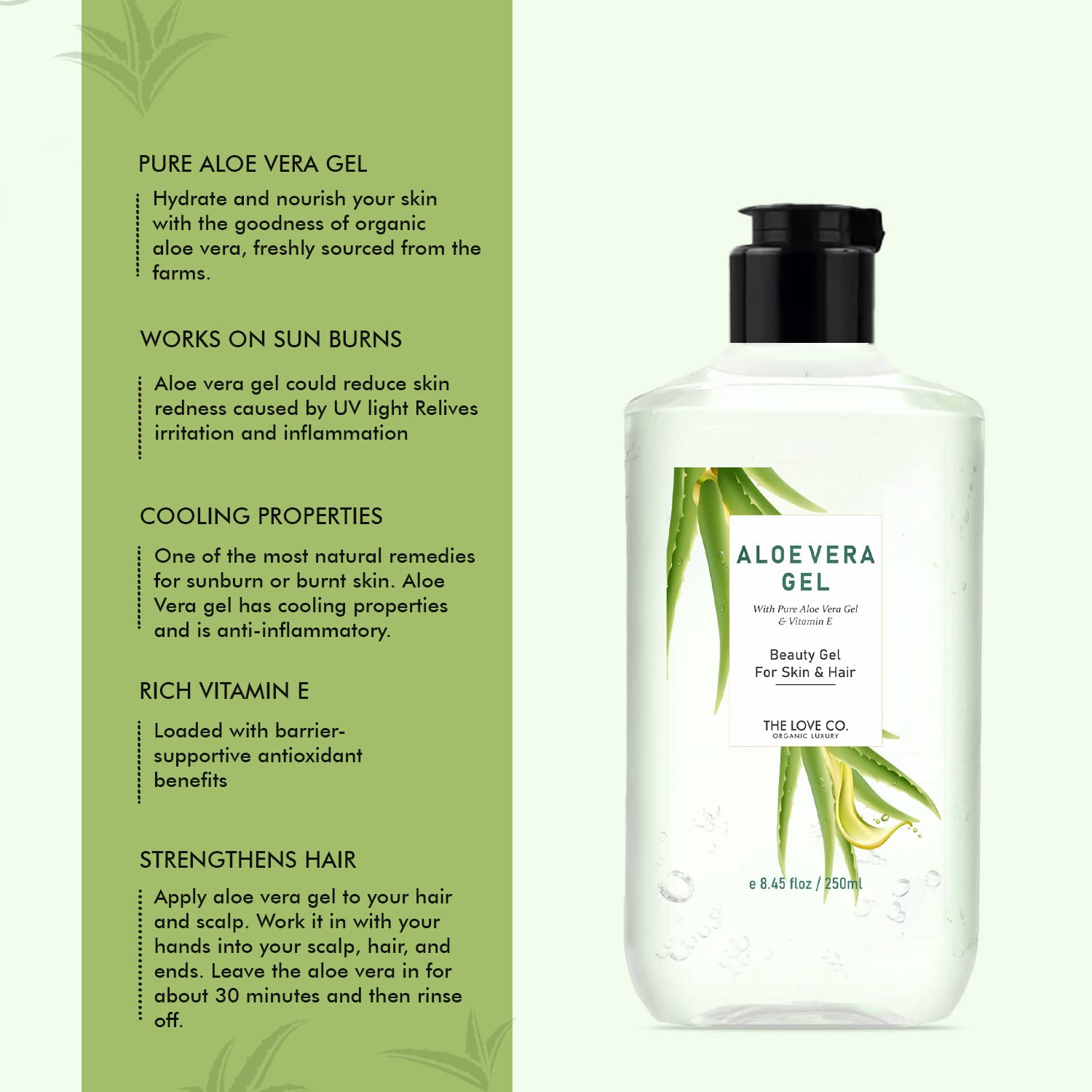 Aloe vera gel bottle with green leaf design on a white background