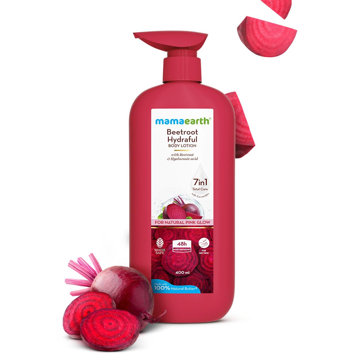 Mamaearth Beetroot Hydraful Body Lotion with Beetroot & Hyaluronic Acid & for Natural Pink Glow - 400 ml Beetroot + Hyaluronic Acid for Deep Hydration | 48 hrs* Moisturization & Barrier Repair | Alcohol & Petrolatum free | Made Safe Approved