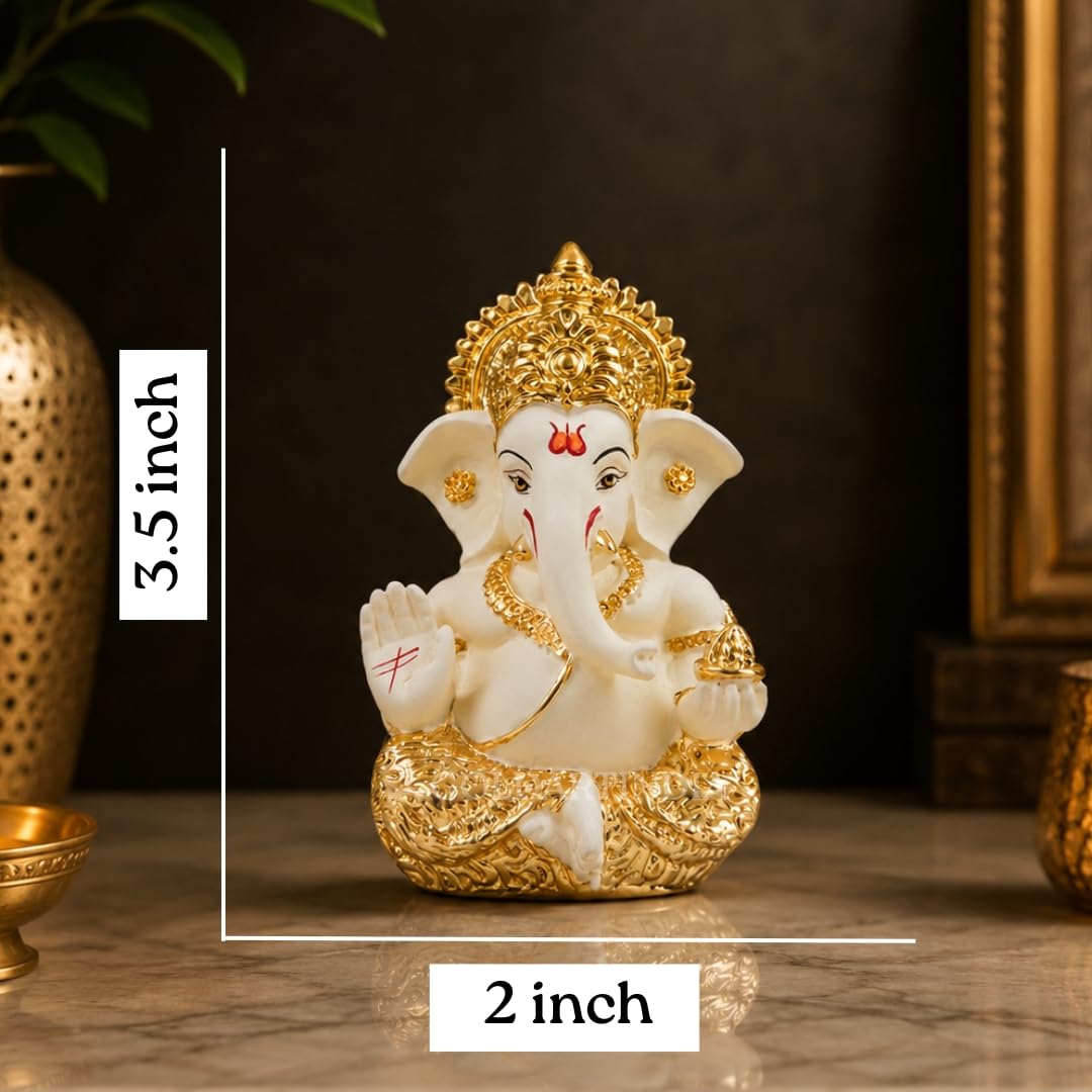 Gold Art India Lord Ganesha Gold Plated Idol | Elegant Off White Finish | Premium Peacock Green Velvet Gift Box | Ganesh Murti for Home Temple, Office Desk & Car Dashboard | Spiritual Gift