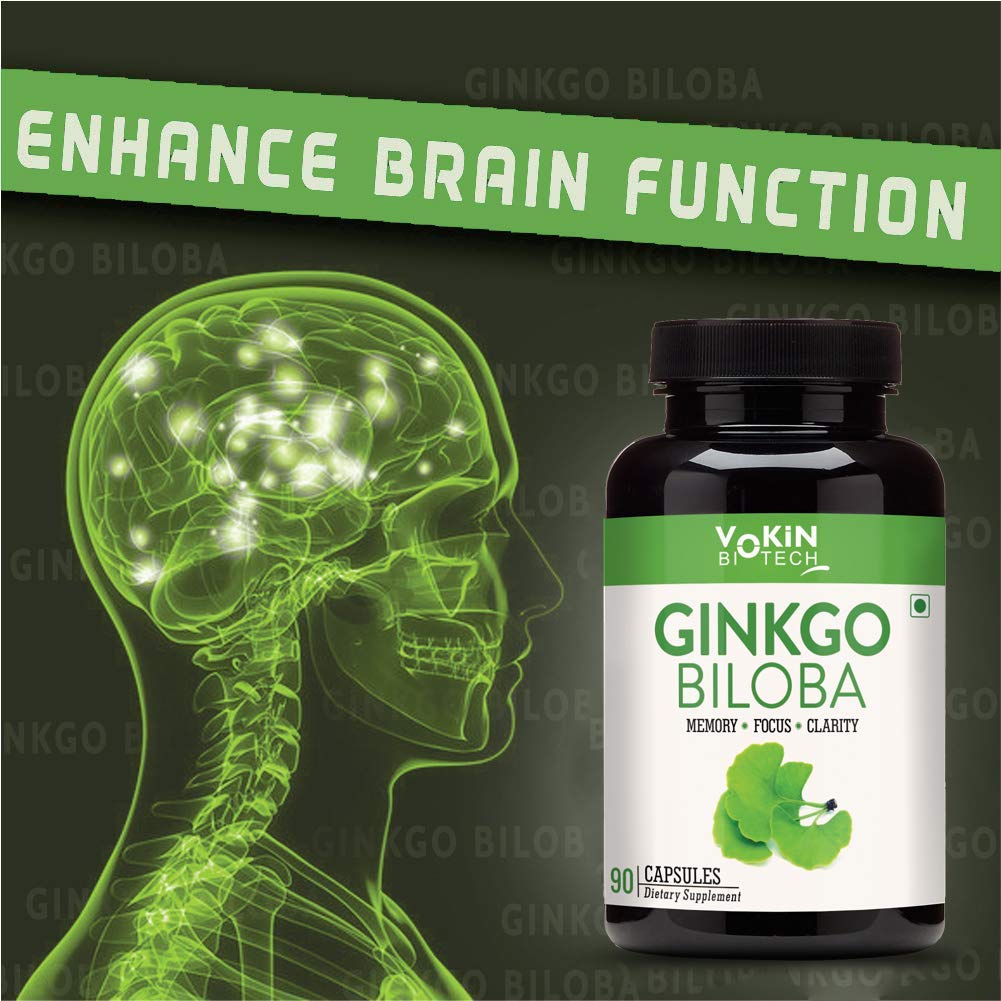 Bottle of Ginkgo Biloba supplement with brain illustration and text on a dark background