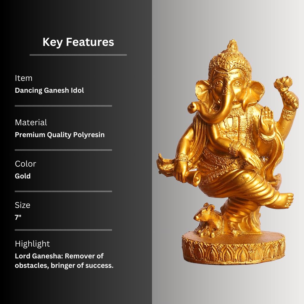 Gold Plated Eco-Friendly Dancing Ganesha Idol Figurine | Polyresin Ganpati Statue | for Table, Living Room, Home Decoration