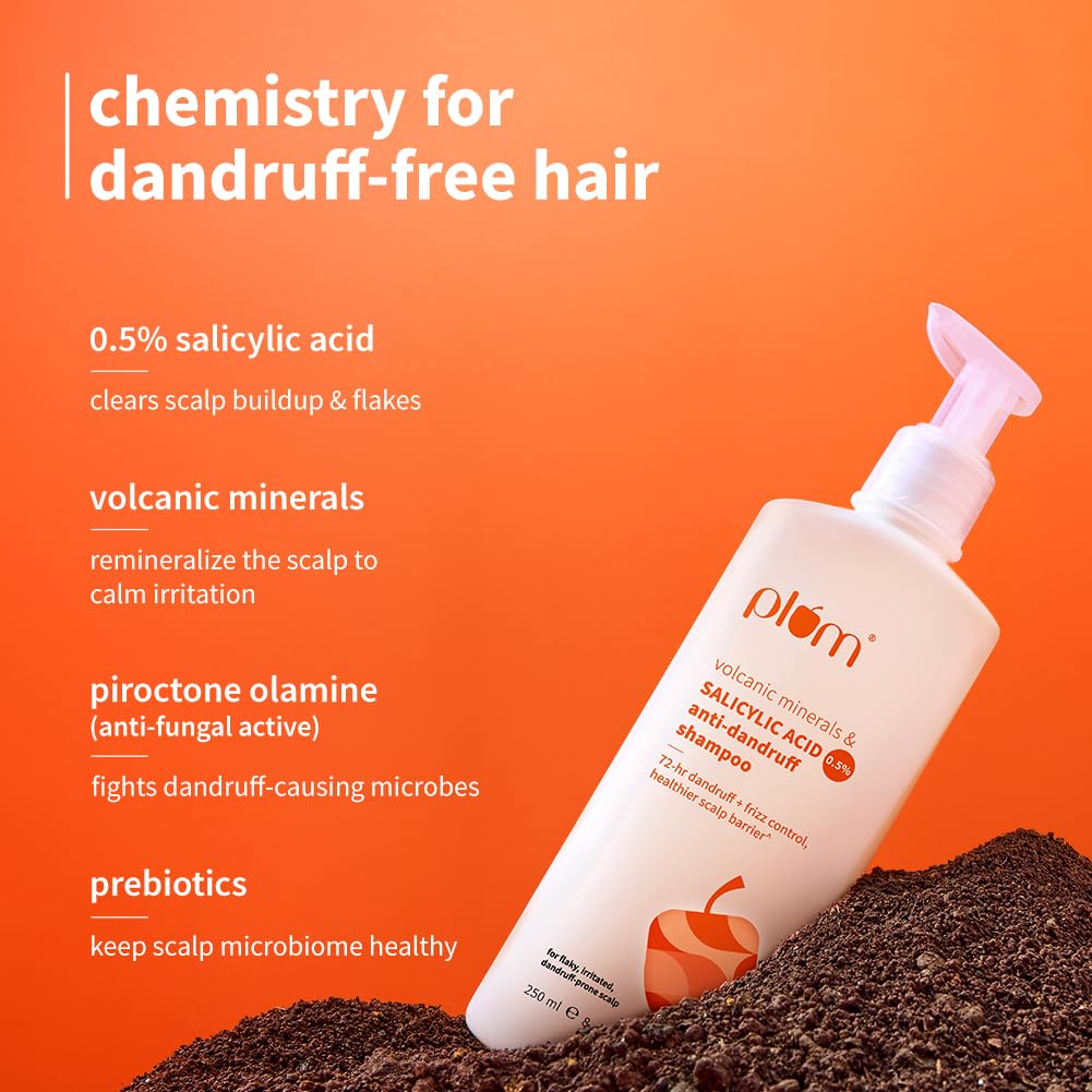 Plum Anti-Dandruff Shampoo With Volcanic Minerals & 0.5% Salicylic Acid|72-Hr Dandruff & Frizz Control|Maintains Healthy Scalp Barrier|Gently Exfoliates & Clarifies|Prevents Rough,Dry Hair|250Ml