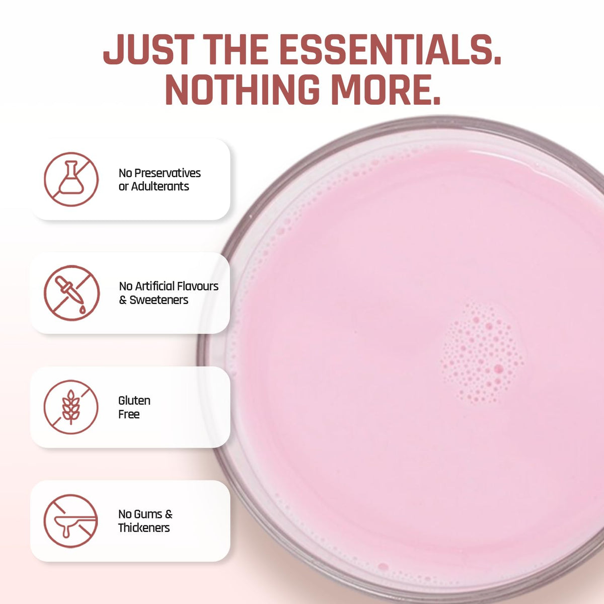 Pink smoothie with health benefits listed on a white background