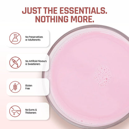 Pink smoothie with health benefits listed on a white background
