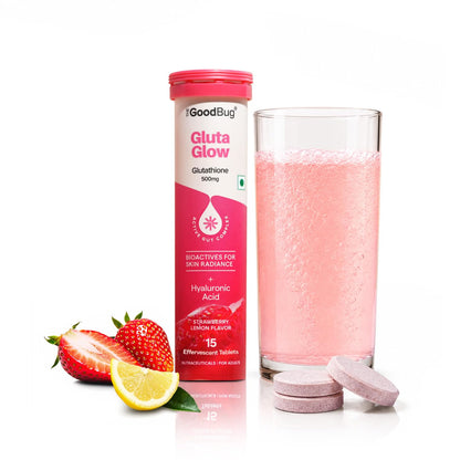 The Good Bug Gluta Glow Effervescent Tablets for Radiant Skin - 15 Tablets (Pack of 15 x 1) | L-Glutathione, Vitamin C, Lycopene For Skin Glow & Anti-Pigmentation | Strawberry Lemon|No Added Sugar