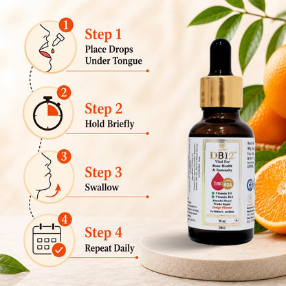 KuerZen DB12 Vitamin D3 + Vitamin B12 Sublingual Liquid Drops | Sugar Free Daily Vitamins | Bone, Energy, Nerve & Immune Support | Vitamin B12 Deficiency Supplement | Orange Flavour | 30ml