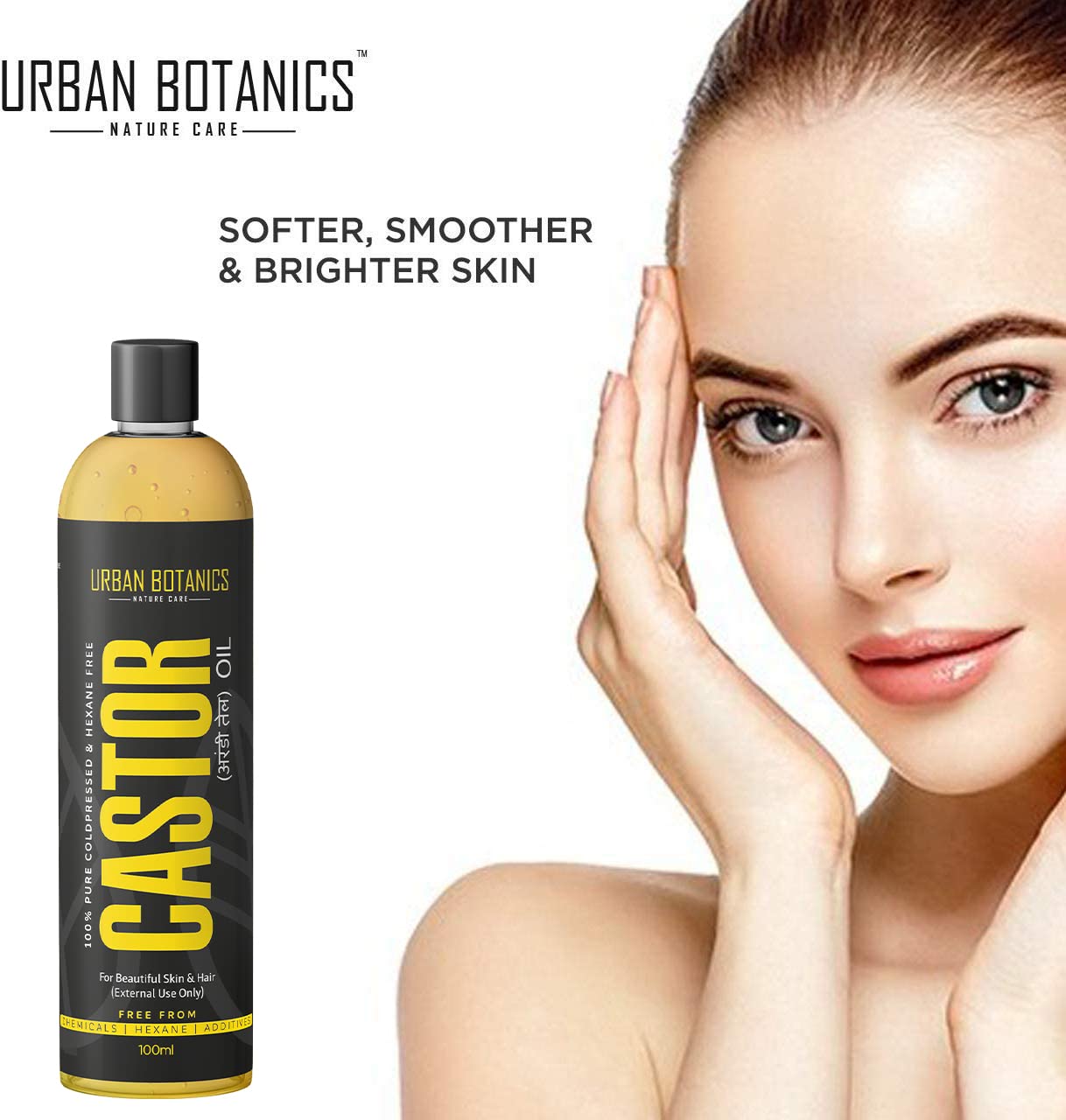 Urban Botanics Castor Oil bottle with a model showing improved skin texture.