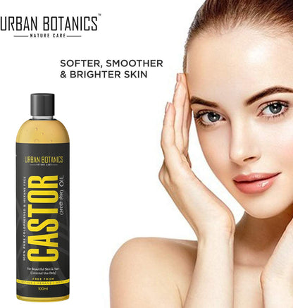 Urban Botanics Castor Oil bottle with a model showing improved skin texture.
