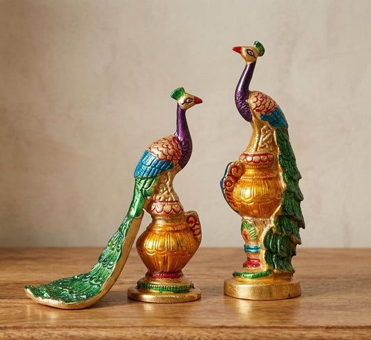 Metal Peacock Statue Multicolor Couple Pair Decorative Showpiece for Living Room Bedroom Home Office Decor Figurines Idol Murti Sculpture for Decoration & Gifting
