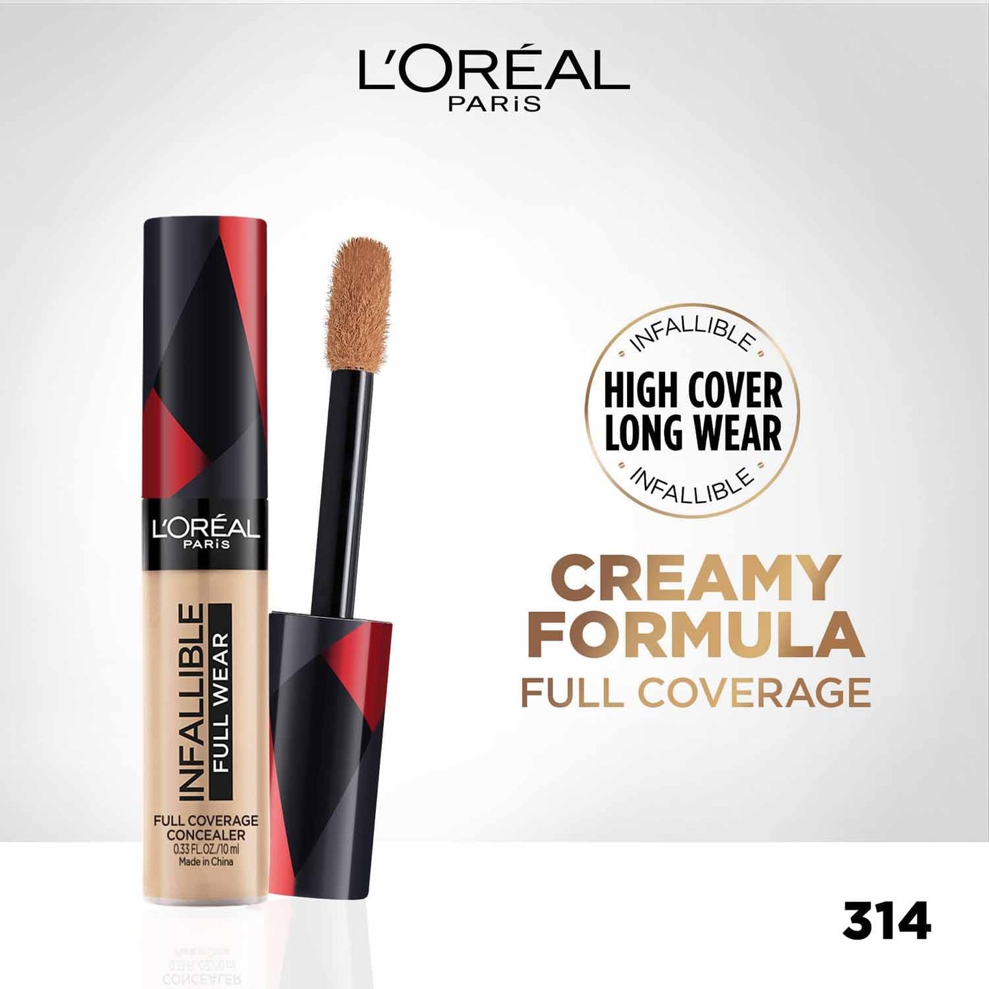 L'Oreal Paris Infallible Full Coverage Concealer, High Cover, Longwear, Waterproof Formula, For Undereye Circles and Blemishes, For Highlighting and Contouring, Shade: 314, 10g