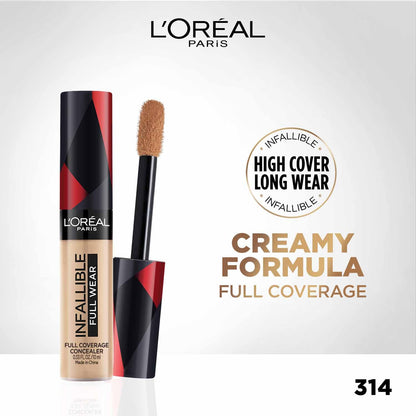L'Oreal Paris Infallible Full Coverage Concealer, High Cover, Longwear, Waterproof Formula, For Undereye Circles and Blemishes, For Highlighting and Contouring, Shade: 314, 10g