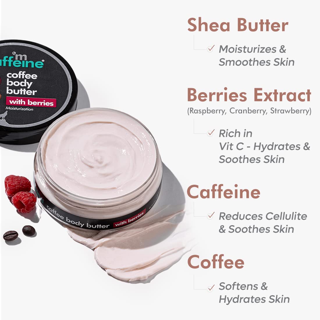 Coffee body butter with visible cream and ingredients on a white background