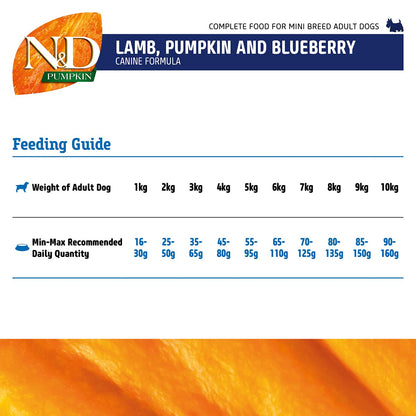 FARMINA N&D Pumpkin | Dog Dry Pet Food | Lamb & Blueberry | Grain Free | Adult Mini Breed | Pack of 2 | Each 800g
