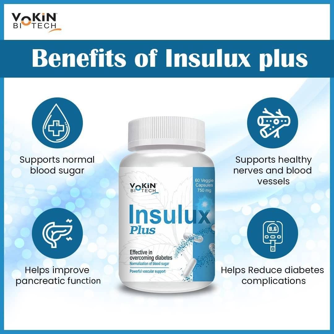 Yokin Biotech Insulux Plus supplement bottle with benefits listed on a blue and white background