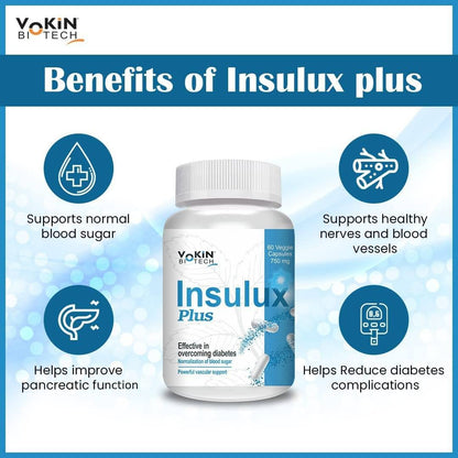 Yokin Biotech Insulux Plus supplement bottle with benefits listed on a blue and white background