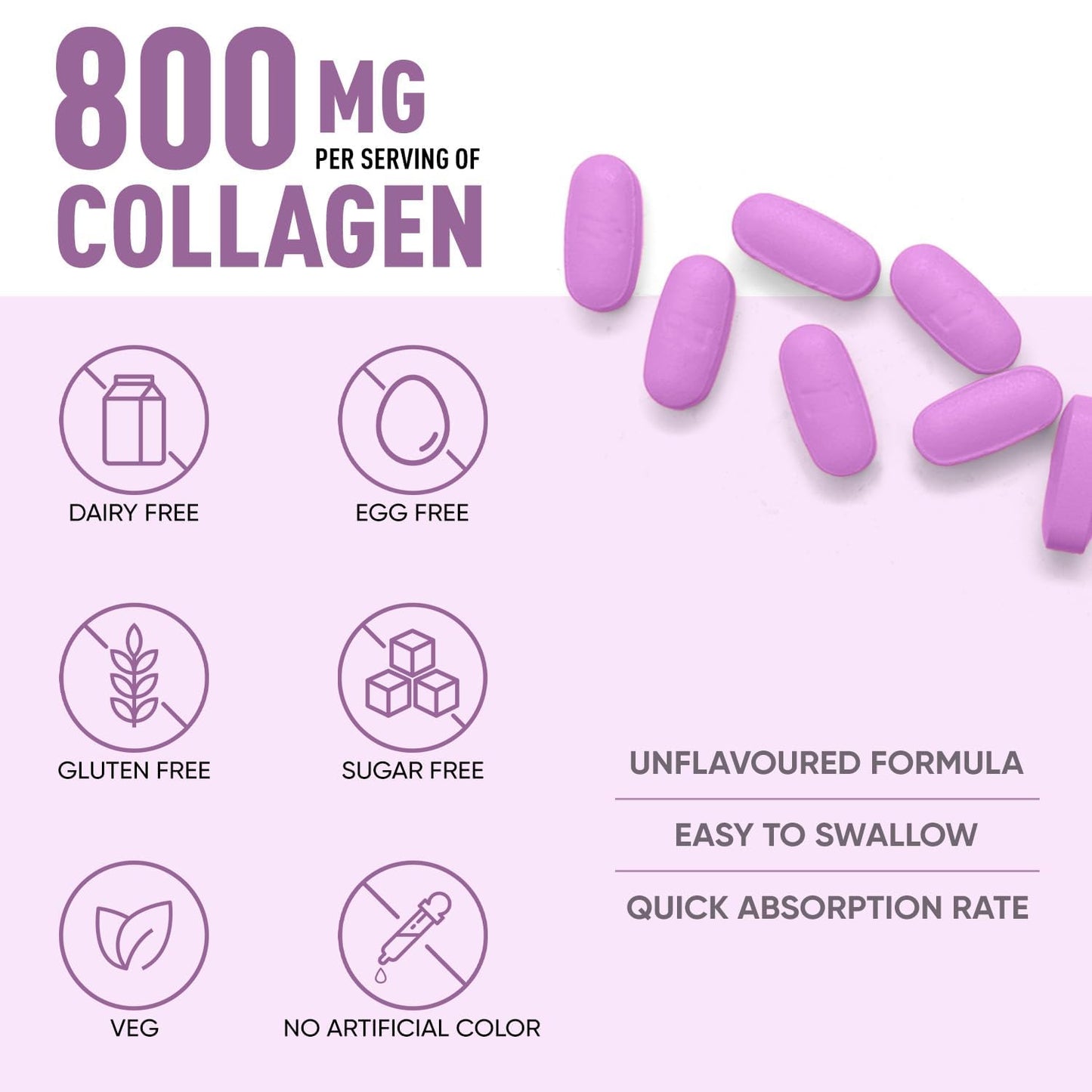 Herbalmax Veg Collagen Supplement Tablets – 60N | 800mg Type 1, 2 & 3 Collagen | For Glow Skin, Hair, Nails, Joints & Bone Support | Enriched with Biotin & L-Glutathione