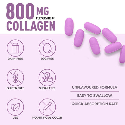 Herbalmax Veg Collagen Supplement Tablets – 60N | 800mg Type 1, 2 & 3 Collagen | For Glow Skin, Hair, Nails, Joints & Bone Support | Enriched with Biotin & L-Glutathione