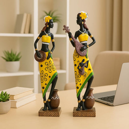 Resin African Girl with Musical Instruments| Captivating Home Décor - (Pack of 2, Yellow & Black- Model 1, Large)