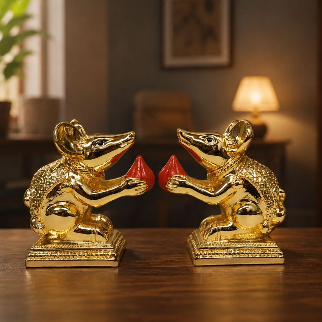 Gold Art India Gold-Plated Mushak (Mooshak) Mouse Pair with Modak | Orange Terracotta Finish | Mouse Idol | Vehicle (Vahana) of Lord Ganesha | 2.5 Inch Height | Mandir (Set of 2 pcs)