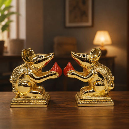 Gold Art India Gold-Plated Mushak (Mooshak) Mouse Pair with Modak | Orange Terracotta Finish | Mouse Idol | Vehicle (Vahana) of Lord Ganesha | 2.5 Inch Height | Mandir (Set of 2 pcs)