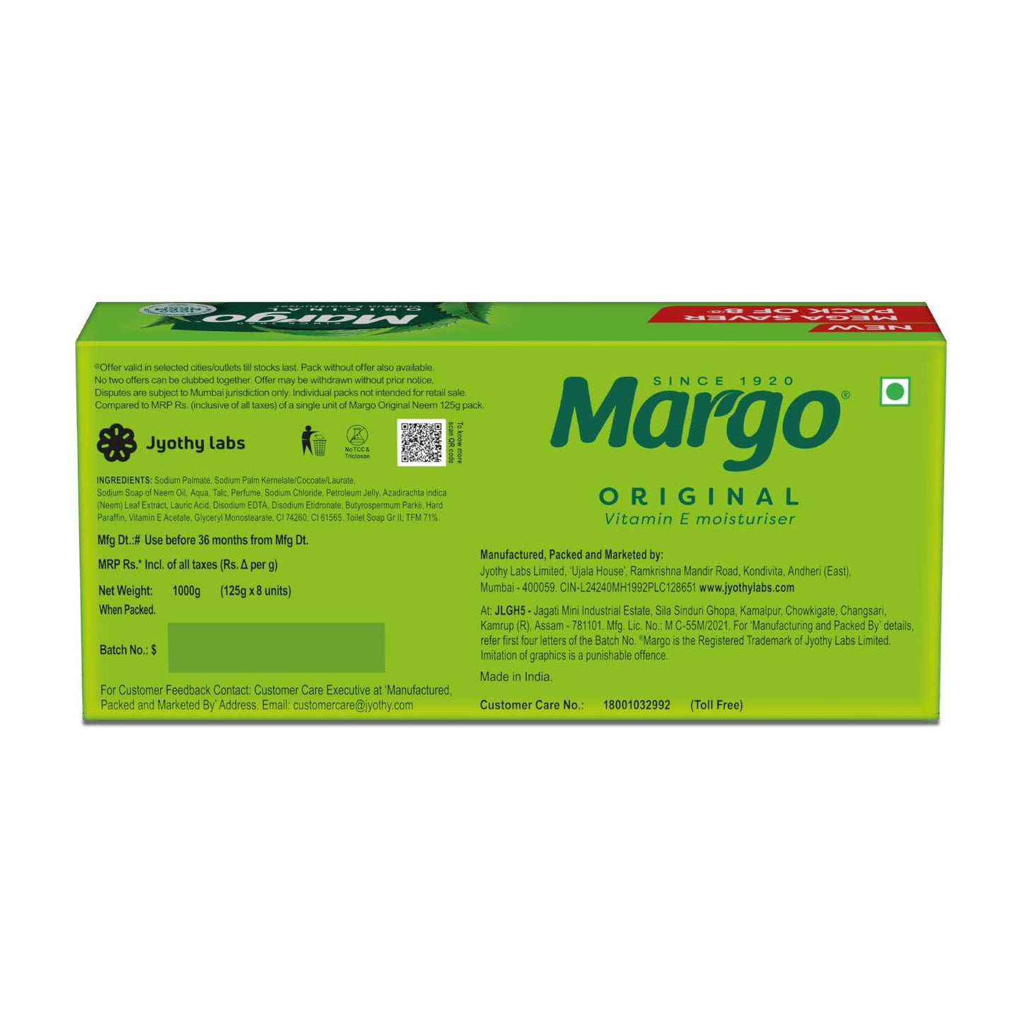 Margo Original Neem Soap 125gm X 8 | Powered With Goodness of 1000 Natural Neem Leaves | Soap for Clear and Beautiful Skin | Infused with Vitamin E for Moisturising