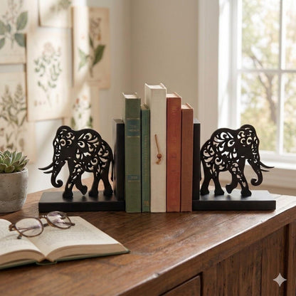 eCraftIndia Wooden Book End with Elephant Showpiece for Home Decor Office Table | Gift for Housewarming Birthday