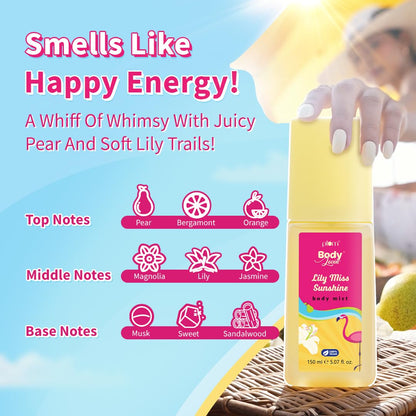 Plum BodyLovin' Lily Miss Sunshine Body Mist| Long Lasting Fresh Summer Fragrance With Notes Of Lily, Bergamot & Pear | Travel-Friendly Perfume Body Spray 150ml