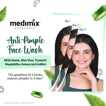 Medimix Ayurvedic Anti-Pimple Face Wash advertisement with a woman showing clear skin, surrounded by green leaves and product packaging.