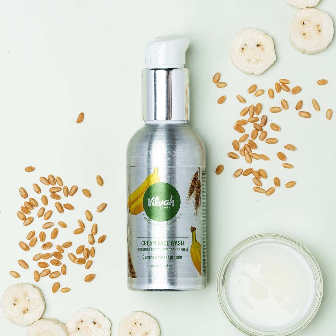 Vilvah Cream Face Wash | Fragrance-Free Face Wash for Dry & Sensitive Skin | Relieves Dryness & Flaking | Soothes & Nourishes Skin | pH-Balanced Gentle Cleanser with Coconut Milk, Banana Extract & Wheat Protein | 100ml