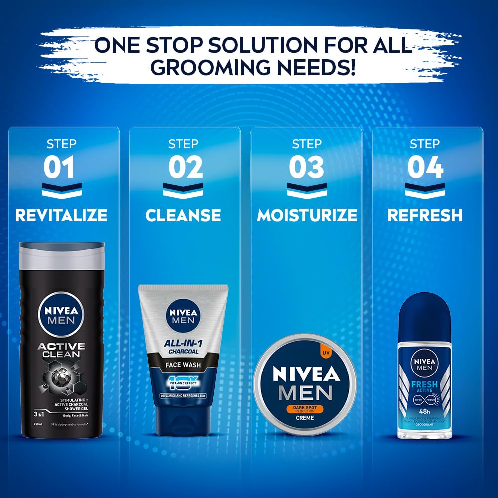 Nivea Men grooming products with step-by-step instructions on a blue background