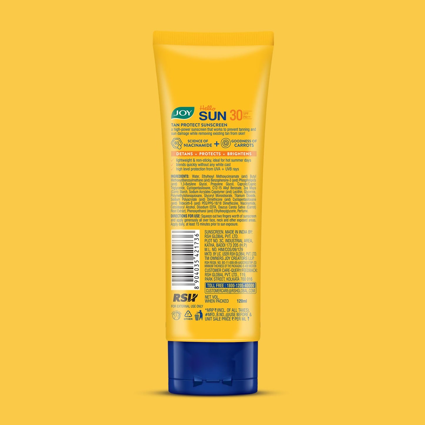 Joy Broad Spectrum SPF 30 Face & Body Sunscreen (120ml) | Sunblock & Anti Tan Sunscreen For Normal to Oily Skin | Lightweight, Non Greasy & Zero White Cast