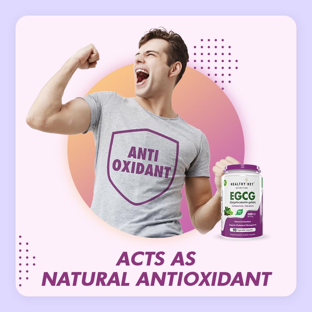 Man flexing muscles with 'Anti Oxidant' t-shirt and EGCG supplement, on a colorful background
