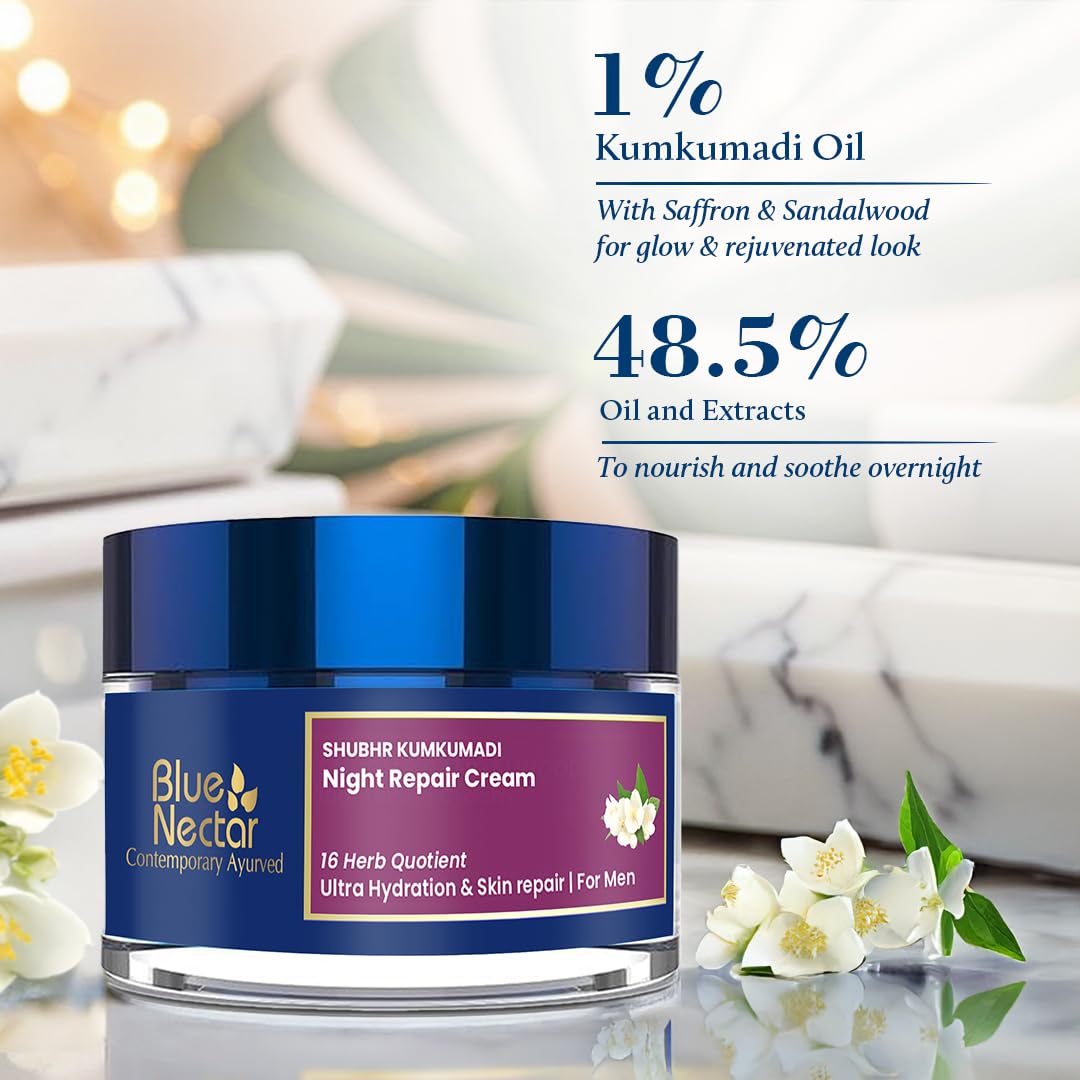 Blue Nectar Kumkumadi Night Repair Cream for Men | Natural Glow Night Cream for Daily Skin Repair | Hydrating Ayurvedic Face Moisturiser for Oily & Dry Skin (16 Herbs, 50g)