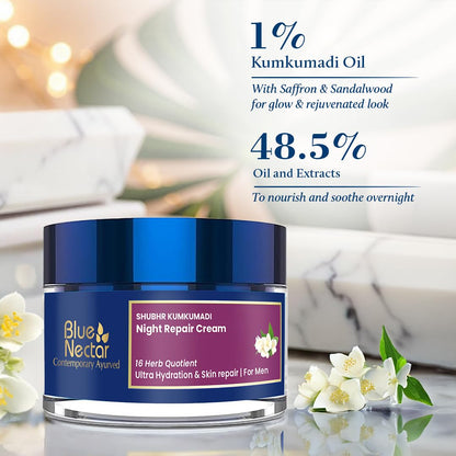 Blue Nectar Kumkumadi Night Repair Cream for Men | Natural Glow Night Cream for Daily Skin Repair | Hydrating Ayurvedic Face Moisturiser for Oily & Dry Skin (16 Herbs, 50g)