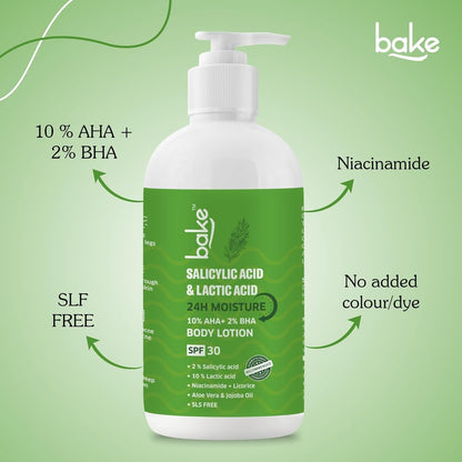 BAKE 10% AHA + 2% BHA Body Lotion SPF 30 PA+++ for Strawberry, Rough & Bumpy Skin | Lactic Acid & Niacinamide | 200ml