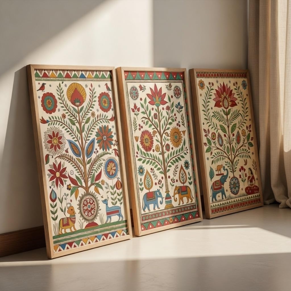 Indian Folk Art Floral Wall Painting Set of 3 with Wooden Frames | Traditional Ethnic Artwork HD Sparkle Laminated MDF Wall Decor | Boho Botanical Wall Art for Living Room Bedroom Décor