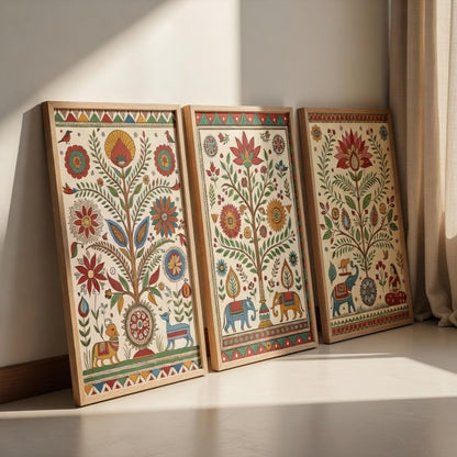 Indian Folk Art Floral Wall Painting Set of 3 with Wooden Frames | Traditional Ethnic Artwork HD Sparkle Laminated MDF Wall Decor | Boho Botanical Wall Art for Living Room Bedroom Décor