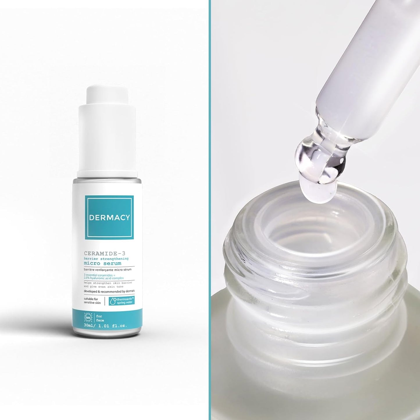 Dermacy Ceramide - 3 Barrier - Strengthening Micro Face Serum | 3 - Essential Ceramides + 2.5% Hyaluronic Acid Complex + ThermoActiv Spring Water | 30ml