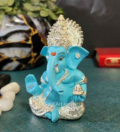 Gold Art India 999 Silver Plated Ganesh Idol for Car Dashboard God Ganesha Idol for Home Decor Ganpati for Gift 3.5 inches (Silver) (Silver Fountain Blue)