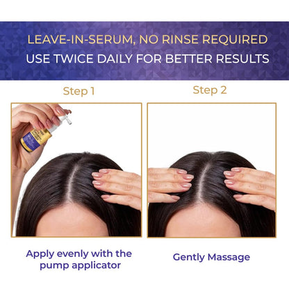 Instructions for using a leave-in-serum product on hair with step-by-step guidance.