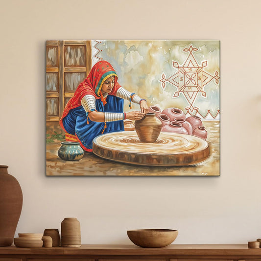 Woman Making Pots Indian Village Scene Nature Wall Art Painting, Wall Decor For Living Room, Multicolor, Nature, 58.0 X 45.0 cm, Set of 1