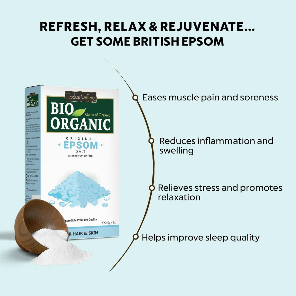 Bio Organic Epsom Salt packaging with text highlighting benefits on a light blue background