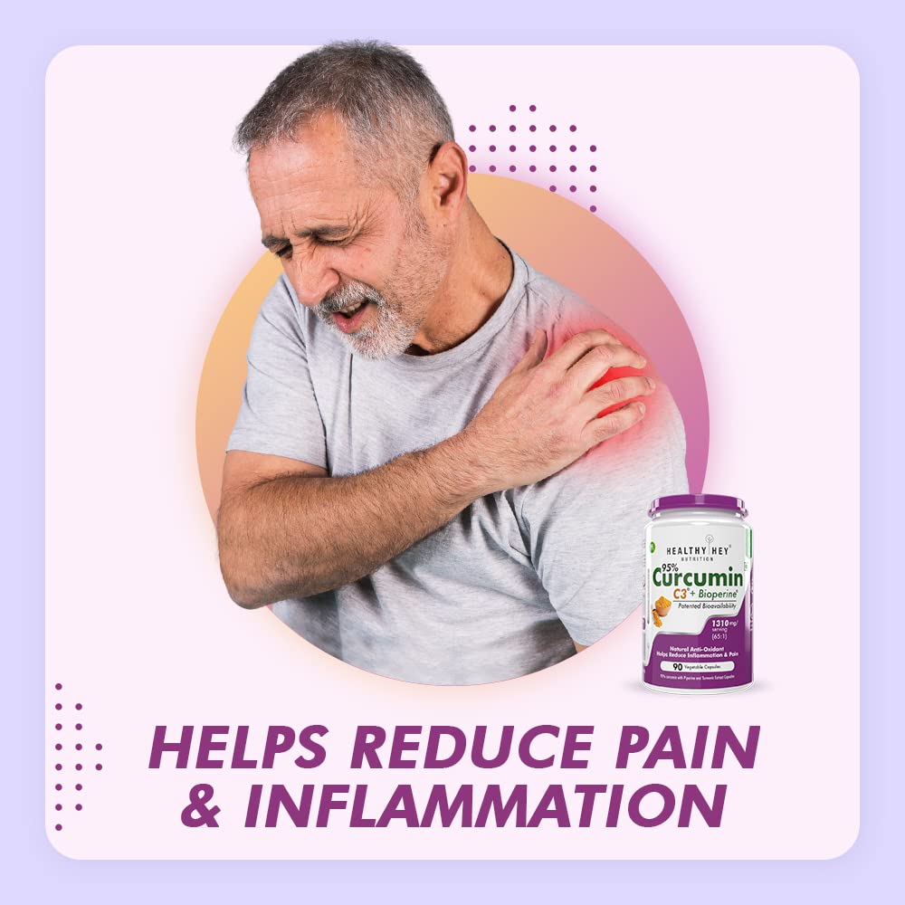 Man holding his shoulder with a supplement bottle labeled 'Curcumin' on a light purple background