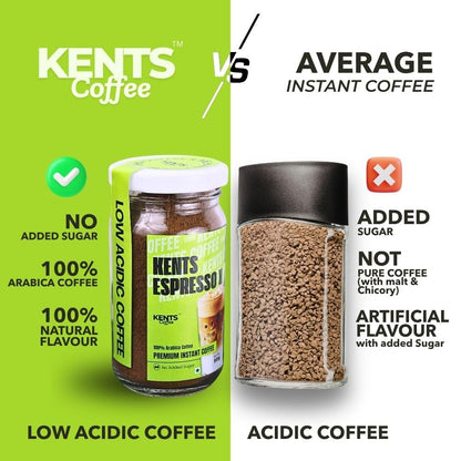 Espresso X Dark Roast Instant Coffee Glass Jar | LOW ACIDIC COFFEE | 100% Arabica Coffee | Pure Chikmagalur Powder | No Sugar, No Chicory | NON FLAVOURED | Make Café Style Hot or Cold Coffee, black Coffeee, Cappuccino, Latte at Home | Serves 35-40 Cups