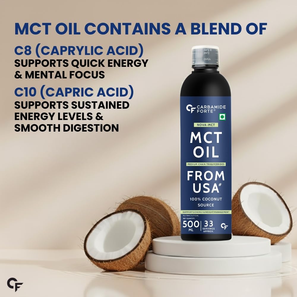 Carbamide Forte Pure MCT Oil C8 From USA | 100% Coconut Source | MCT Oil Keto & Paleo Friendly | Vegetarian – 500ml