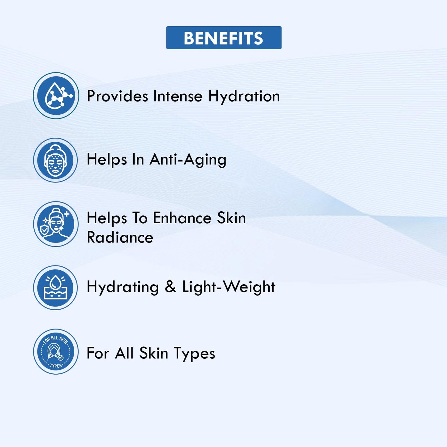 List of skincare product benefits on a blue background